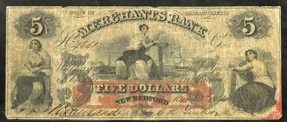 Merchants Bank Five Dollar Bill - www.WhalingCity.net