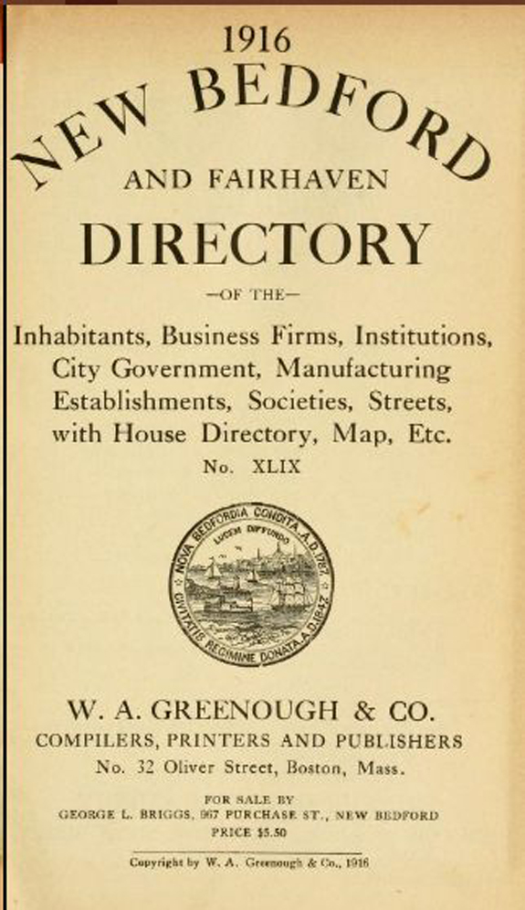 1916 new Bedford and Fairhaven Massachusetts Directory - www.WhalingCity.net