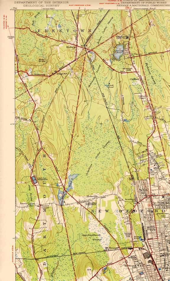 1936 Topographical Map of North West section of New Bedford - www.WhalingCity.net